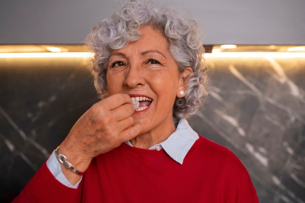 mujer mayor comiendo fruta sonrisa saludable